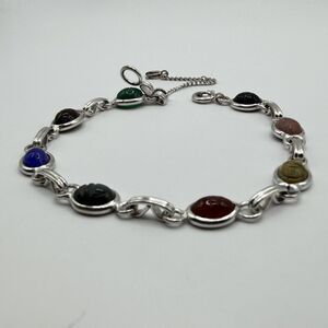 925 Sterling Silver Multicolor Carved Scarab Gemstone Link Bracelet 7.5” 8g